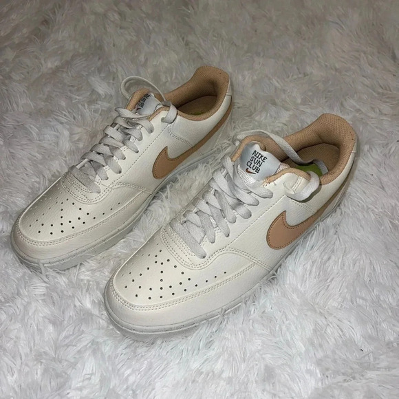 Nike Court Vision Low Basic White and Neutral Sneakers Tan Swoosh - Picture 2 of 6